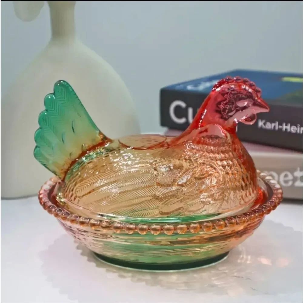 Mini Whimsical Glazed Crystal Chicken Hen Trinket Dish with Removeable Lid